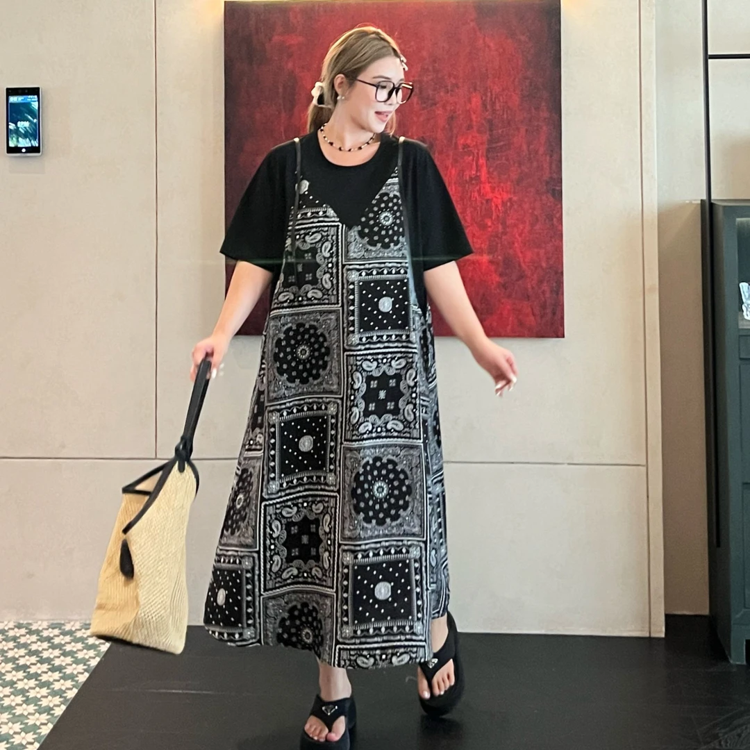 媛子大码假两件波西米亚连衣裙夏季新款潮流休闲显瘦百搭设计师