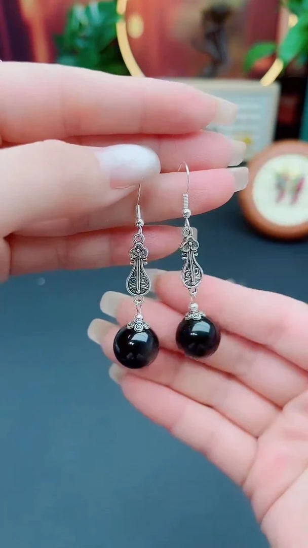 黑曜岩银S925镶嵌耳饰314