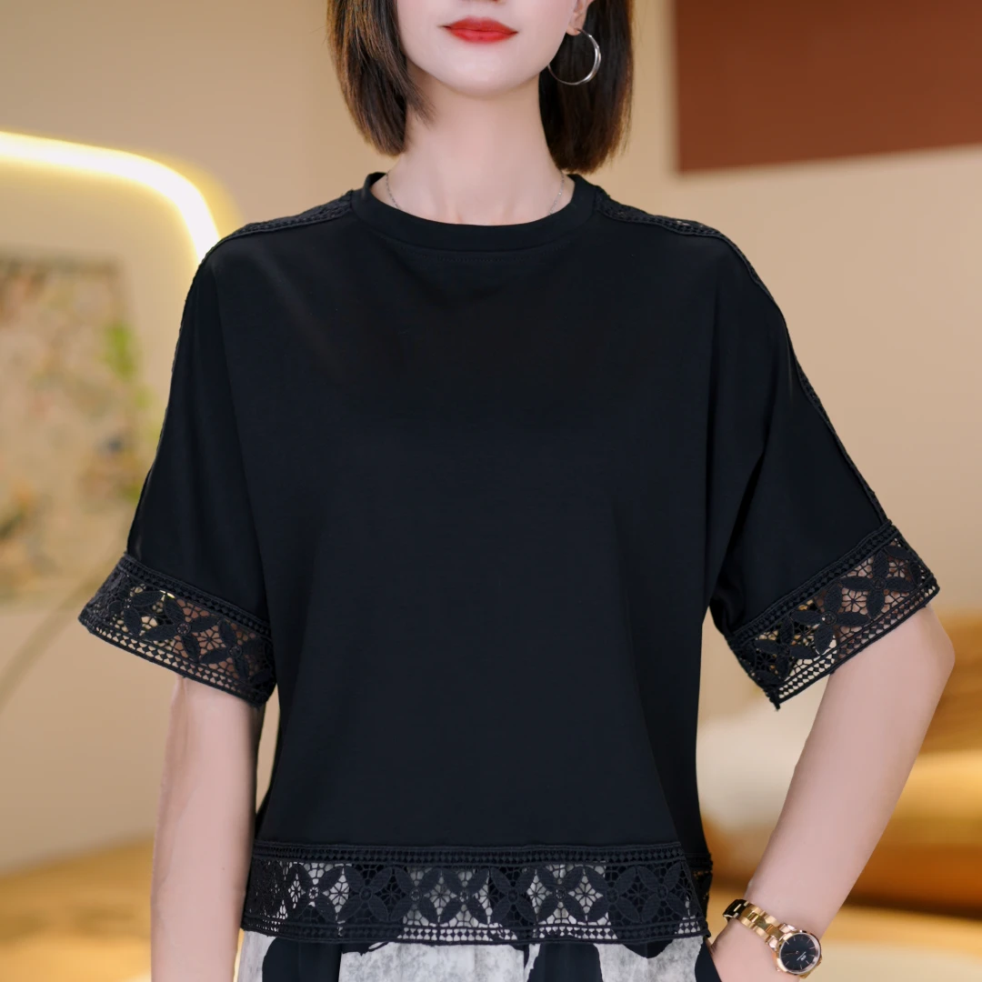 夏季新品蕾丝镂空小众百搭高级感短袖新款时尚洋气短款