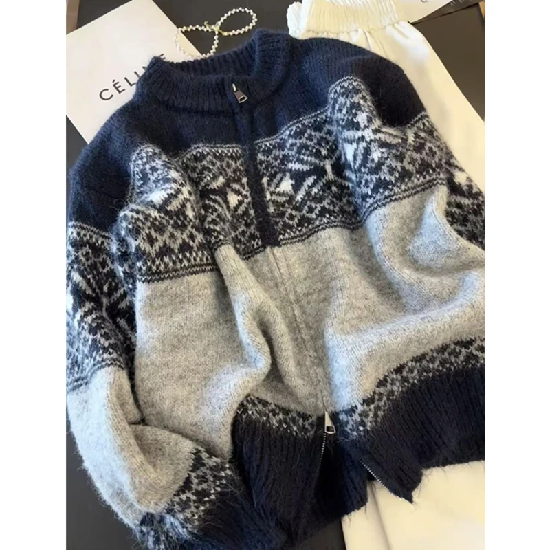 韩系复古慵懒费尔岛雪花软糯针织拉链开衫女宽松毛衣外套