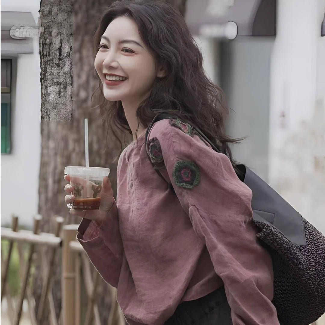 春-原创设计25-103【日落花园】亚麻长袖休闲圆领贴布百搭衬衫