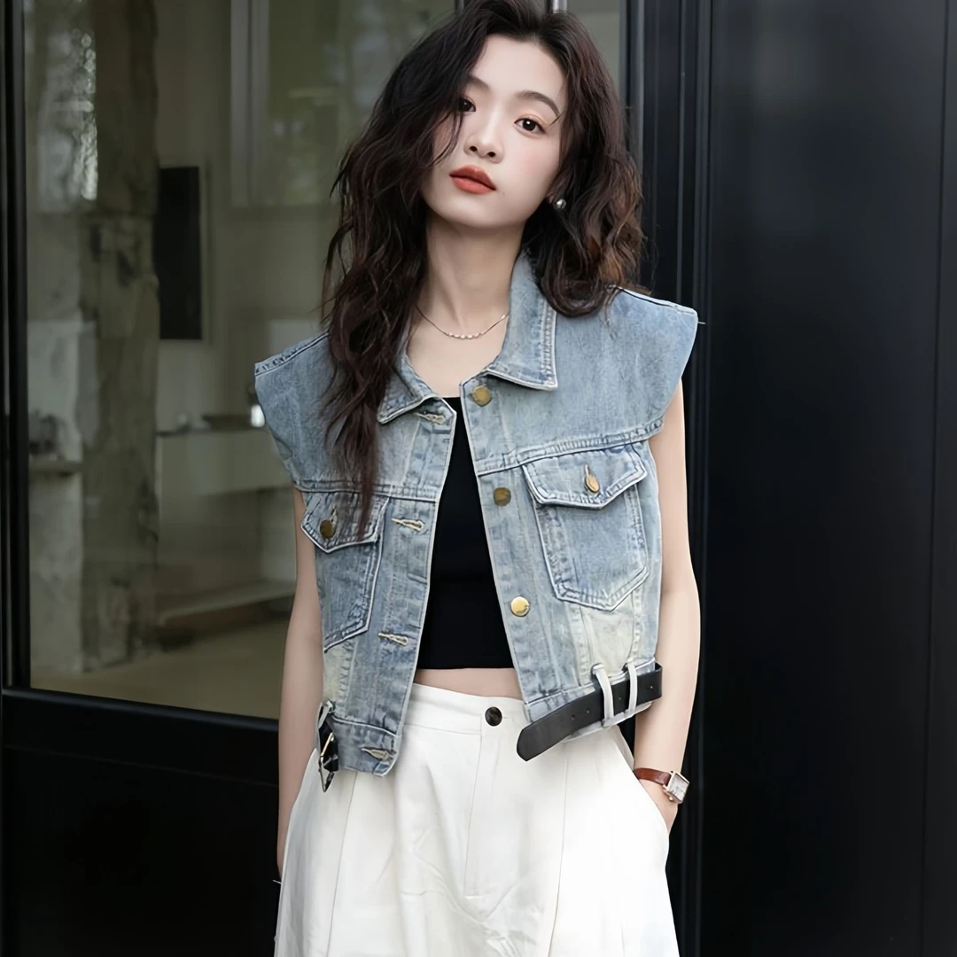 欧货女装时尚马夹潮复古水洗翻领牛仔马甲外套女2024新款春季新款