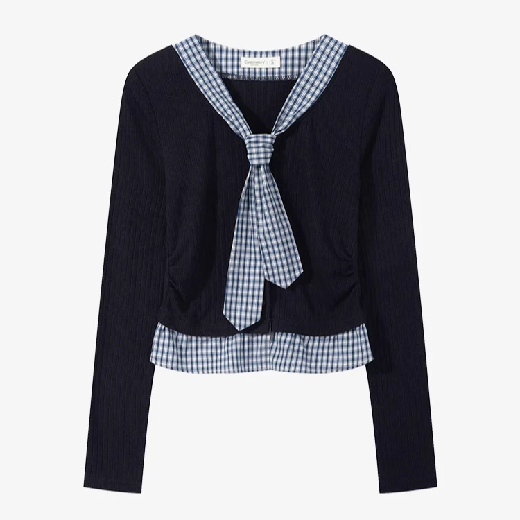 羊城故事-学院风撞色格子拼接假两件针织衫韩系穿搭上衣Y50248201