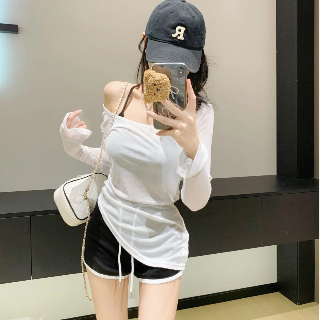 纯欲不规则露肩T恤女新款设计感修身显瘦百搭薄罩衫上衣休闲短裤