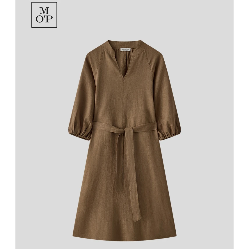 Marc O'Polo/MOP2025夏季新款简约文艺复古长裙七分袖系腰连衣裙