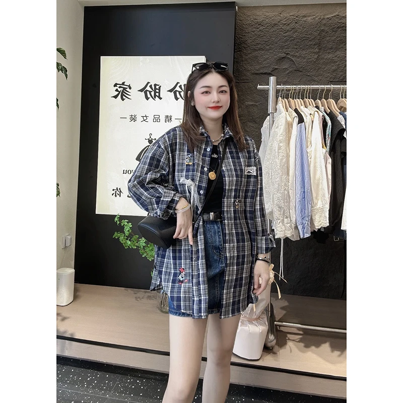 欧洲站2025秋季新款时尚百搭显瘦翻领单排扣格子蝴蝶结衬衫女上衣