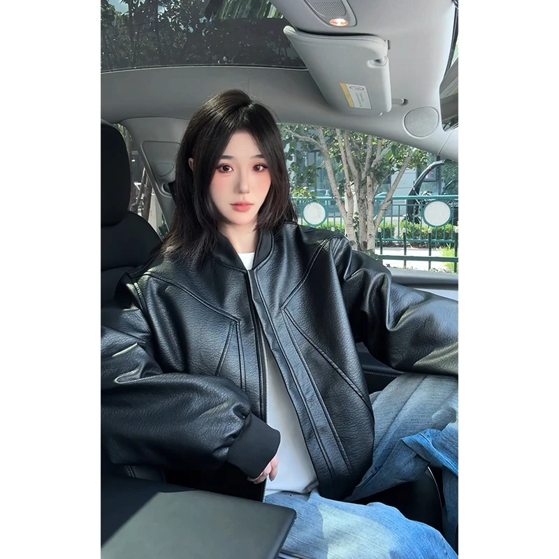 黑色美式裂纹皮夹克男款秋季高级感短款防风水外套机车皮衣棒球服