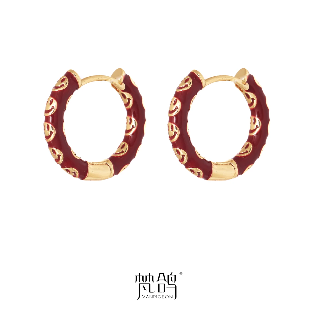 VANPIGEON/梵鸽 黄铜耳饰 鸿运微笑耳圈滴釉红色高级感精致耳环