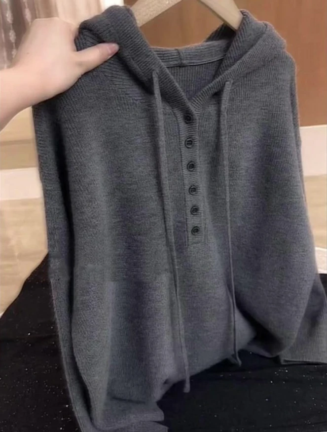 韩系休闲宽松小众简约灰色抽绳连帽半扣子针织衫上衣2025冬季新款