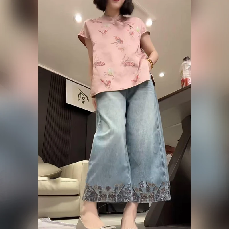 优雅国风新中式套装2025夏季显瘦气质女士上衣阔腿裤两件套