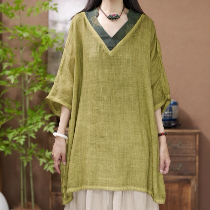 【原制原味】083乱纹麻炒色做旧花色V领时尚宽松夏季短袖中长款袍子