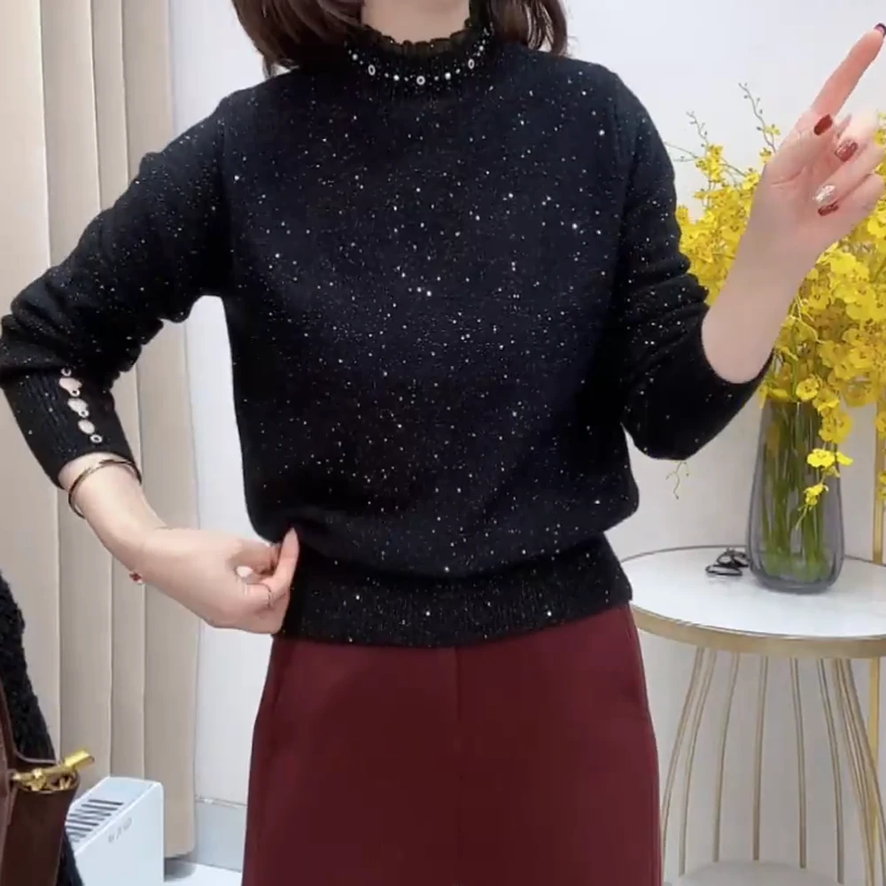 韩版圆领气质领口钉珠蕾丝半高领设计感软糯针织衫上衣女2024冬季