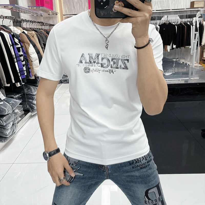 欧货纯棉短袖t恤男士夏季圆领烫印花字母新款男士修身百搭半袖潮