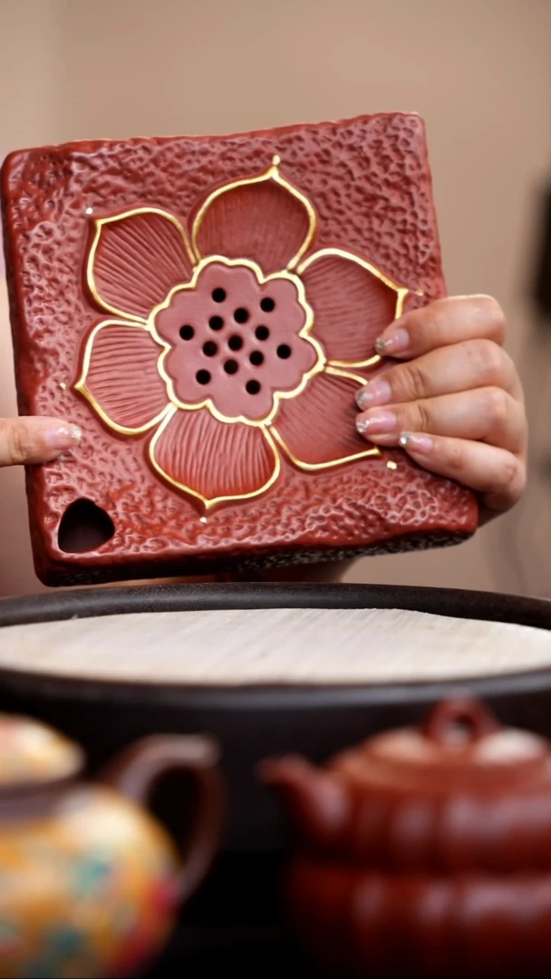 茶壶紫砂朱泥四方莲花储水壶承