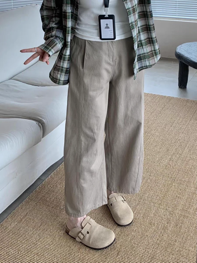 韩系卡其色宽松廓形阔腿裤女2025秋季新款高腰大码显瘦遮肉休闲裤
