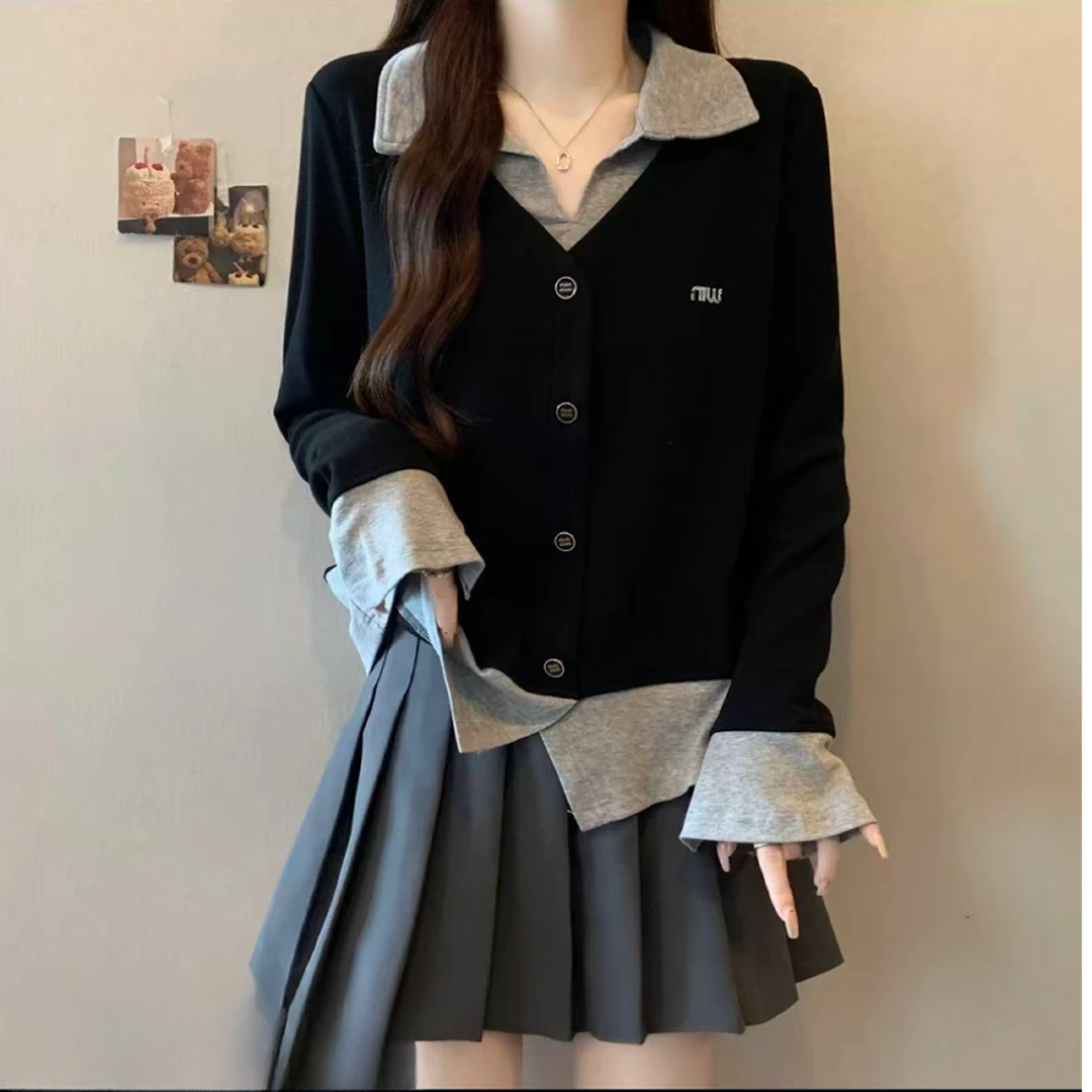 大码女装遮肚子设计感假两件长袖打底衫女秋冬胖妹妹显瘦正肩上衣