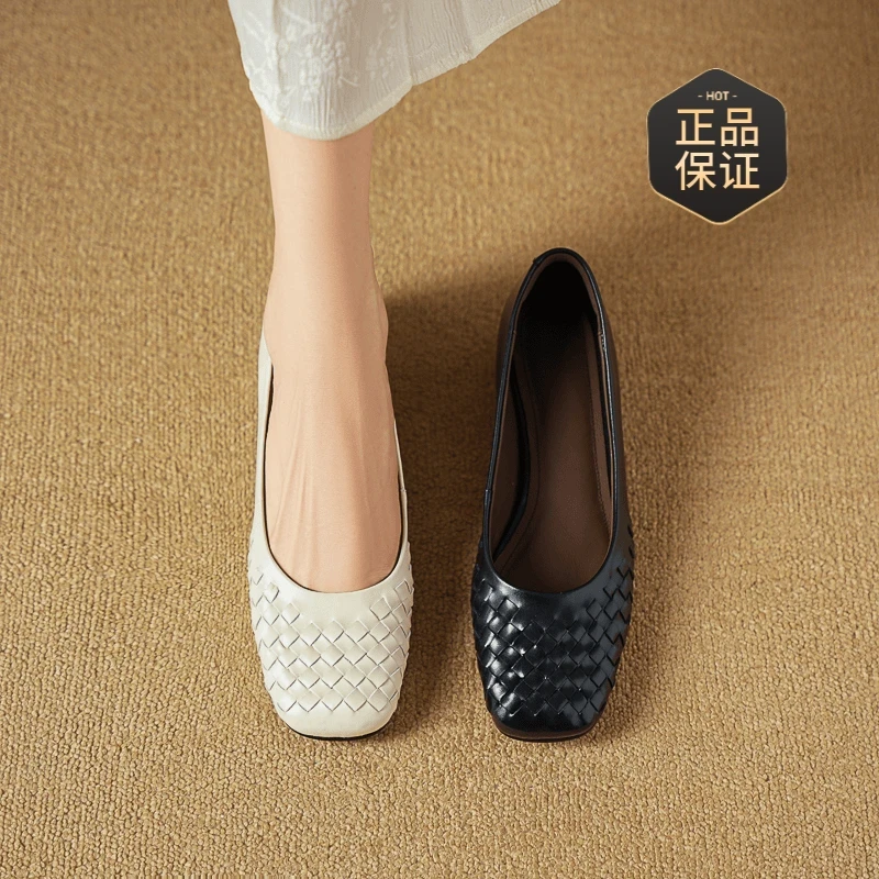 2025新款手工编织方头低跟单鞋女夏季真皮百搭浅口豆豆鞋软皮瓢鞋