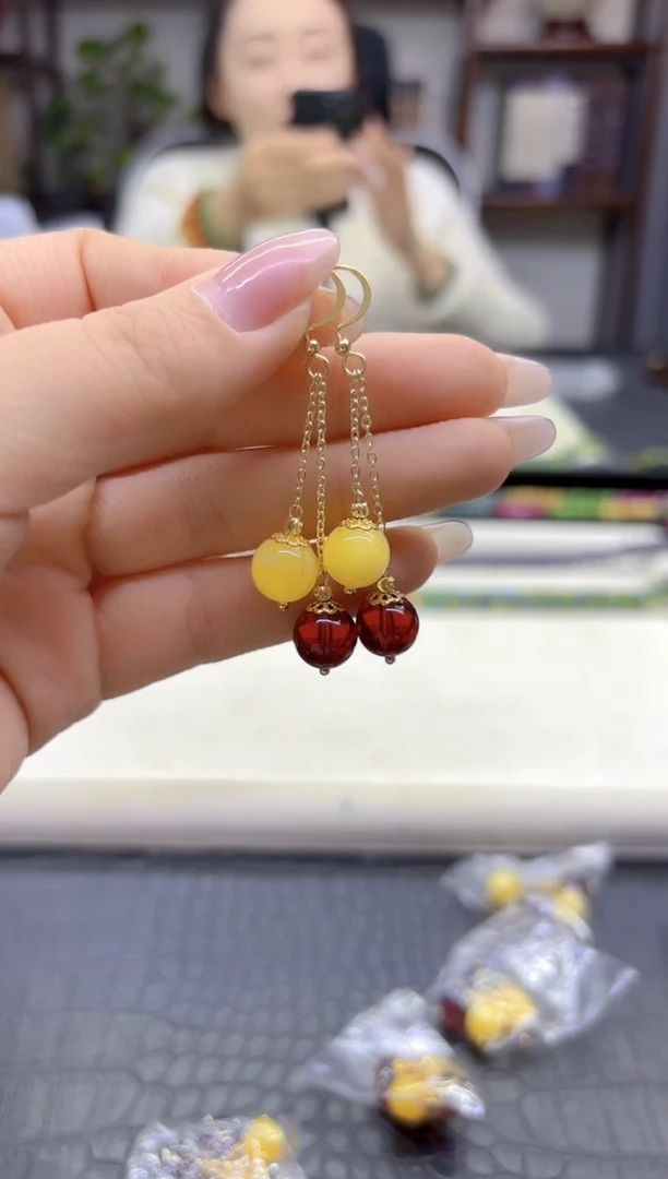 蜜蜡14K金镶嵌耳饰DIY款E150