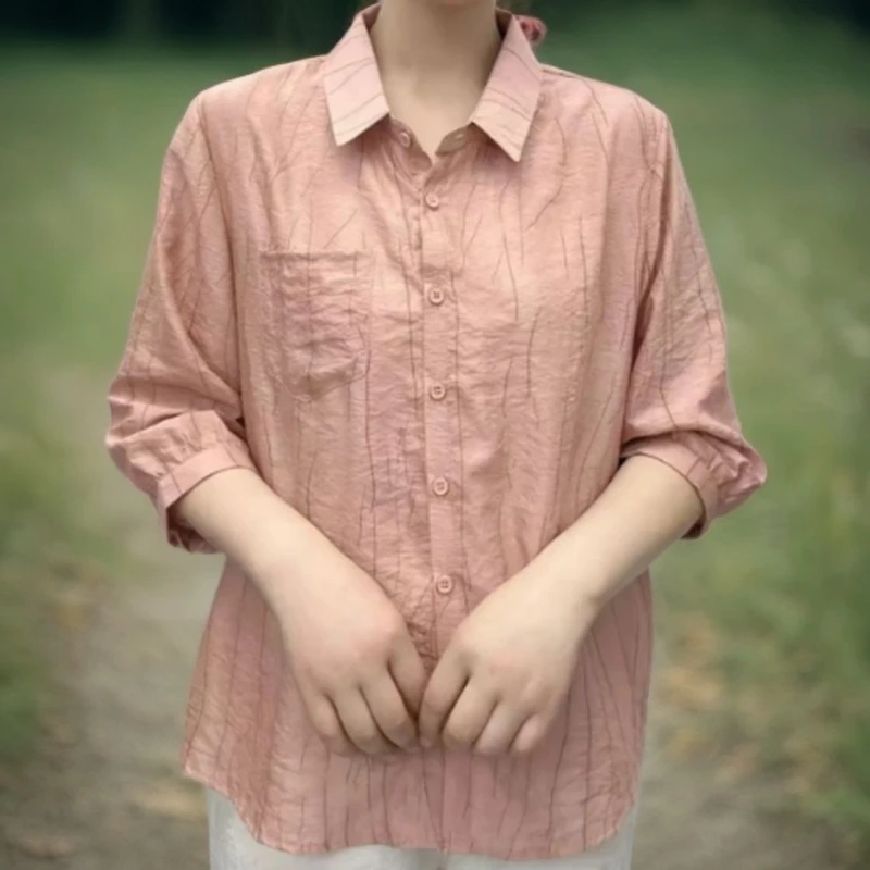 夏季短袖女士2025新款宽松显瘦翻领开衫上衣时尚百搭气质薄款小衫