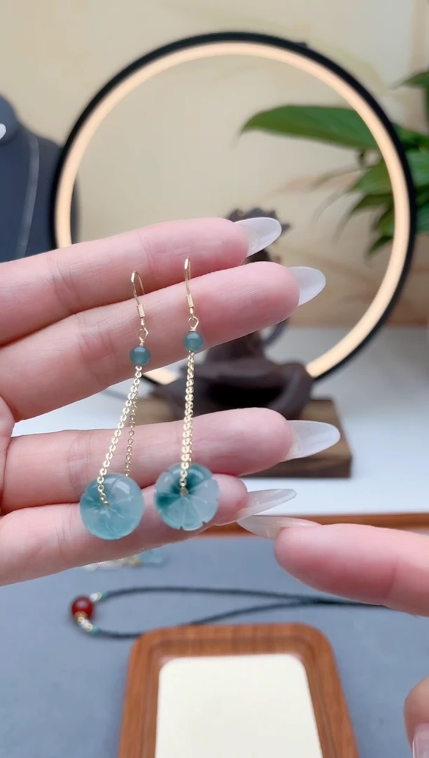 石英质玉（天山翠）银S925镶嵌耳饰00南瓜蓝水飘花