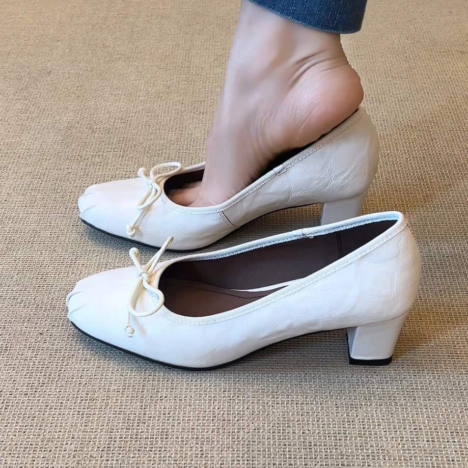 RubyL/4cm法式优雅通勤褶皱蝴蝶结一脚蹬圆头浅口粗跟单鞋女款