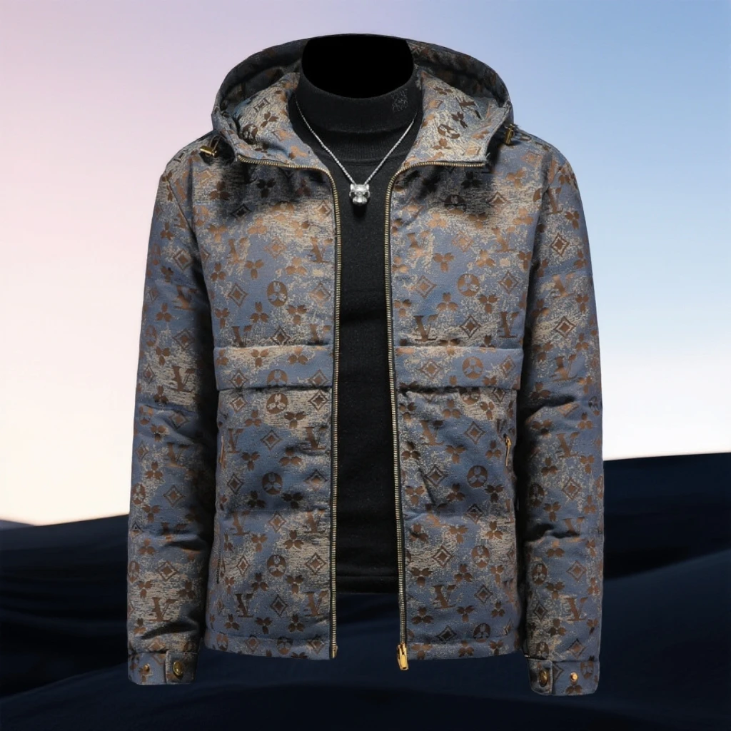 巴赛娜缇时尚冬季新款白鸭绒印花羽绒服男装连帽外套加厚潮保暖潮