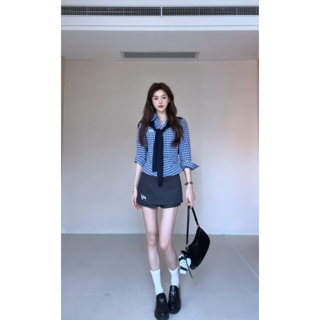 MARIE.COCO韩版学院风格子衬衫上衣百搭披肩高腰裙裤早秋新款套装