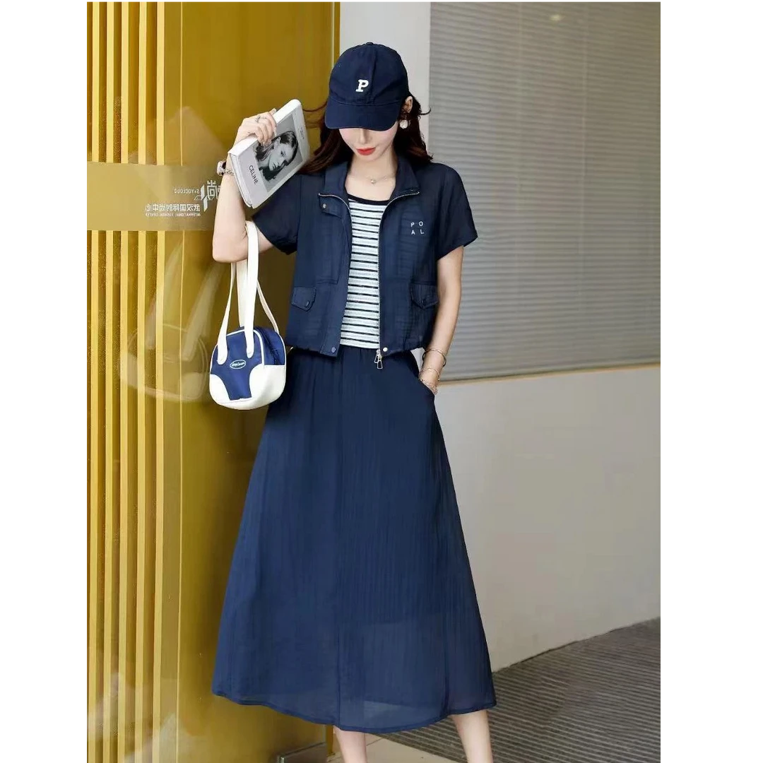 夏季新款时尚设计翻领短袖上衣吊带休闲半身裙三件套805#