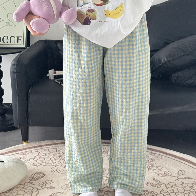 新款格子长裤女夏薄款ins韩版高腰显瘦阔腿宽松休闲睡裤可外穿