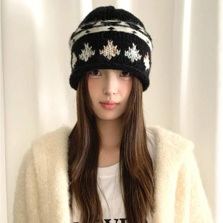 复古费尔岛提花针织冷帽女秋冬季大头围卷边毛线帽保暖显脸小帽子