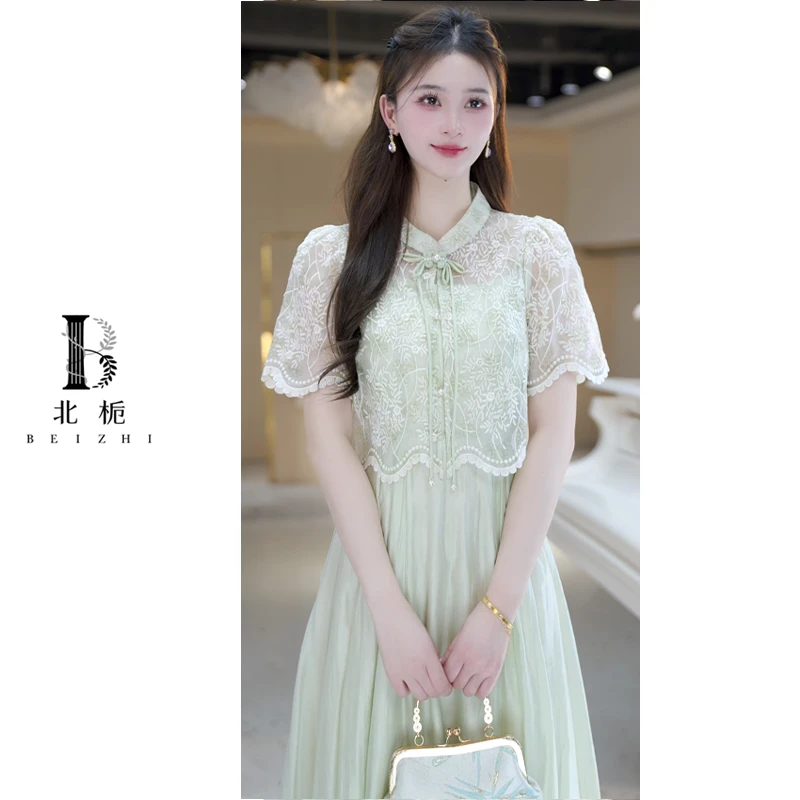 【北栀】国风盘扣蕾丝衫+收腰吊带连衣裙套装812582