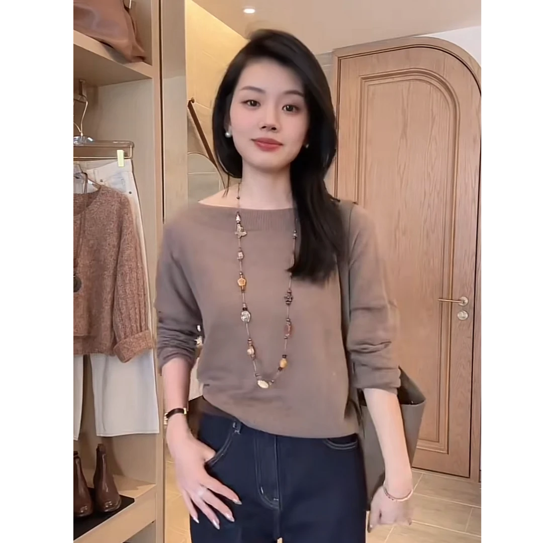 【半秋绒光】长袖显瘦毛针织衫休闲女不褪色网红百搭一字领半高领