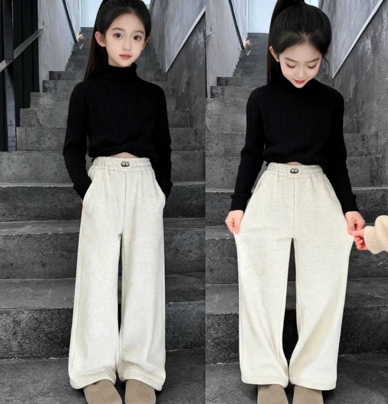 女童秋冬加绒裤子中大童保暖直筒简约韩版糯米裤儿童洋气一体绒潮