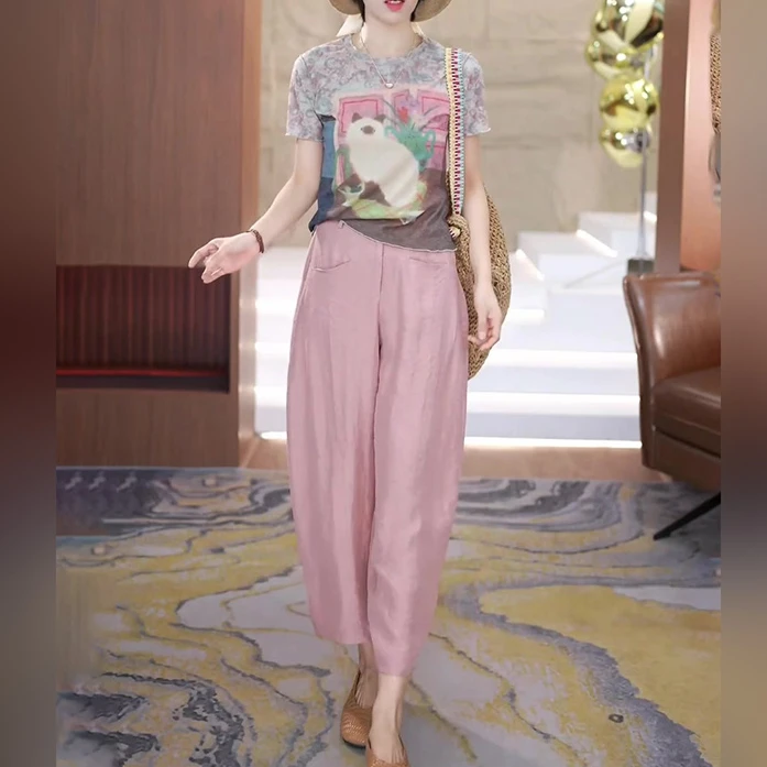 夏季薄款冰丝阔腿裤女2025新款松紧高腰宽松显瘦百搭醋酸九分裤子