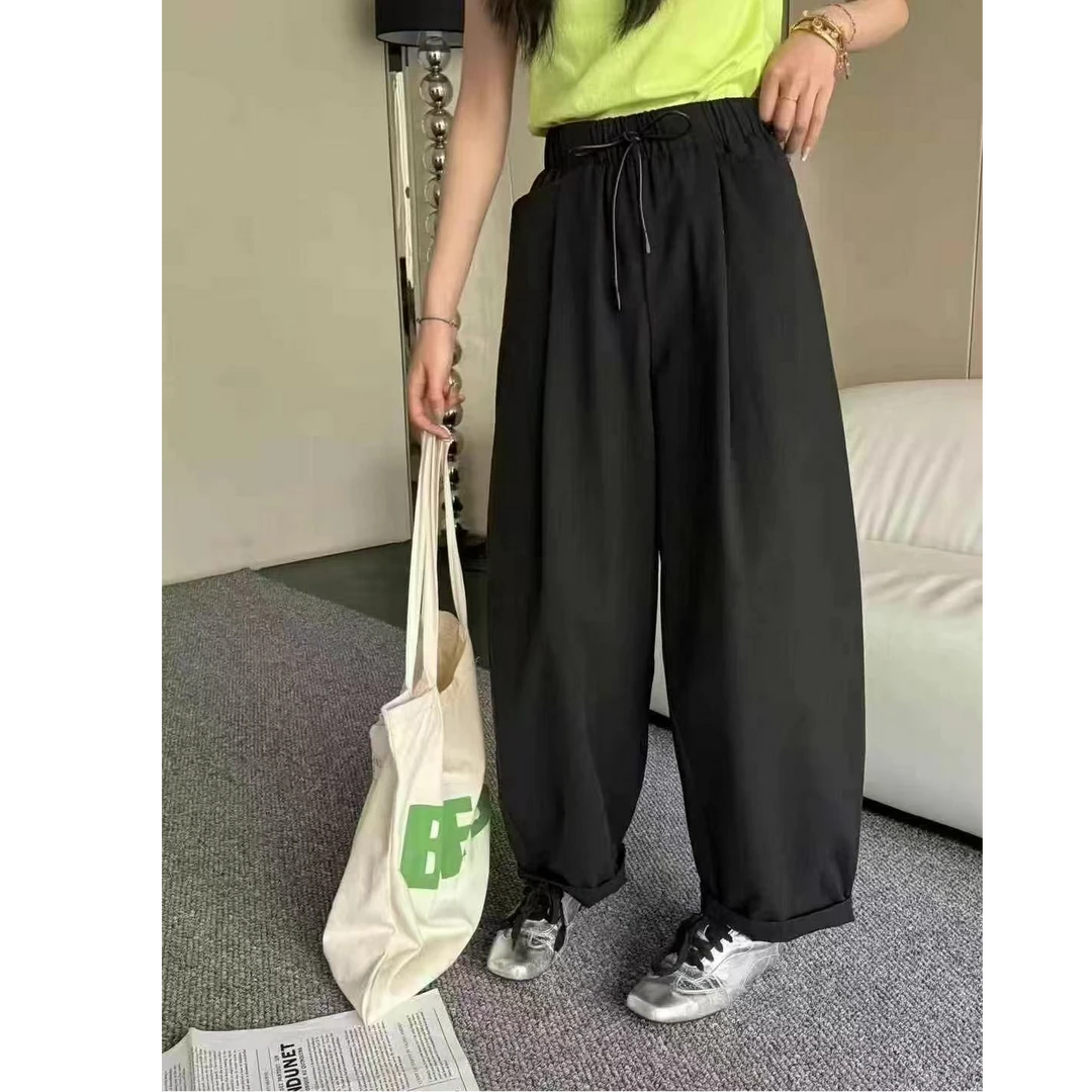 DUODUO早春新品松紧腰抽带立体弯刀裤黑白拖地气球裤运动直筒