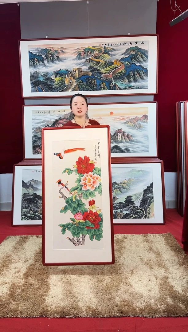 国画手绘牡丹123*63尺寸