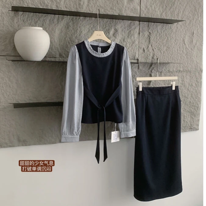 轻熟风西服女高级感气质西装假两件拼接小衫中长开衩半身裙