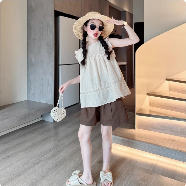 女童夏装套装2025新款儿童洋气无袖上衣中大童夏季薄款短裤两件套