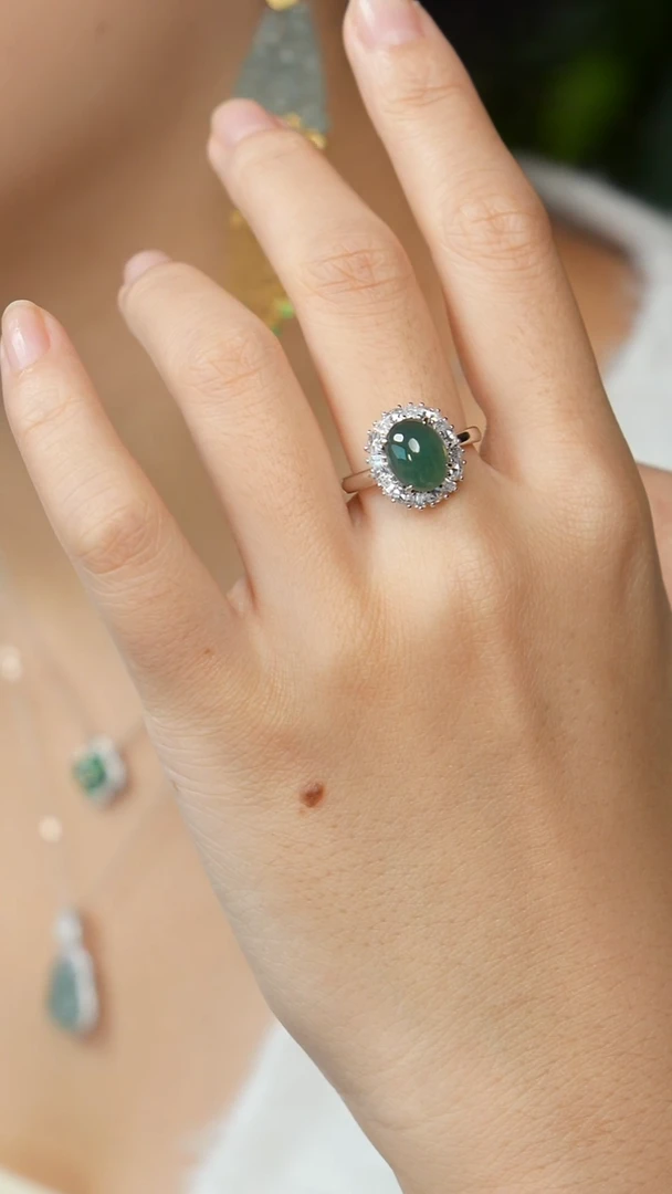 银S925镶嵌戒指翡翠-蓝水