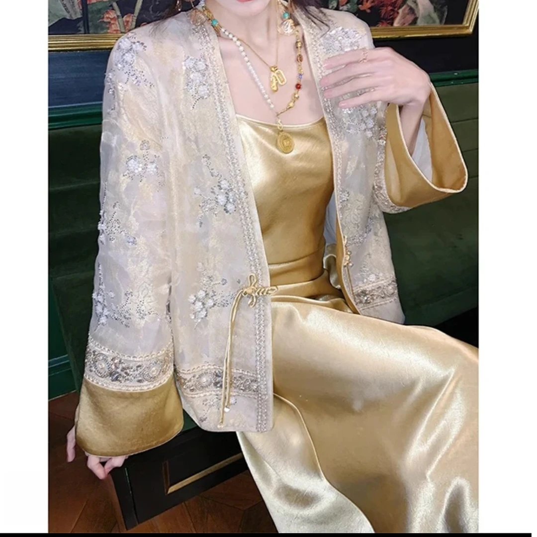 夏季新款上衣v领外套重工刺绣钉珠气质蕾丝时尚复古中式中国风