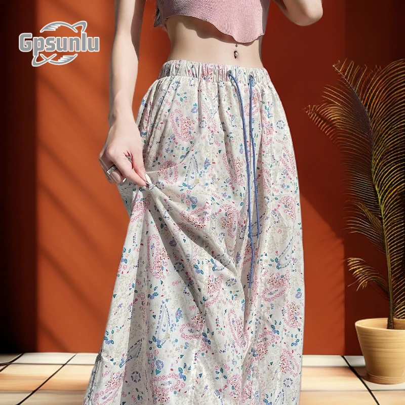 gpsunlu速干复古碎花工装裤阔腿裤夏季女新款薄款印花宽松束脚裤