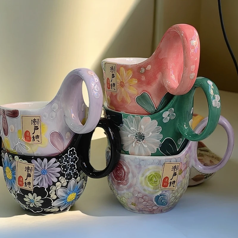 轻奢陶瓷曲把杯早餐杯大容量咖啡杯家用高颜值燕麦杯