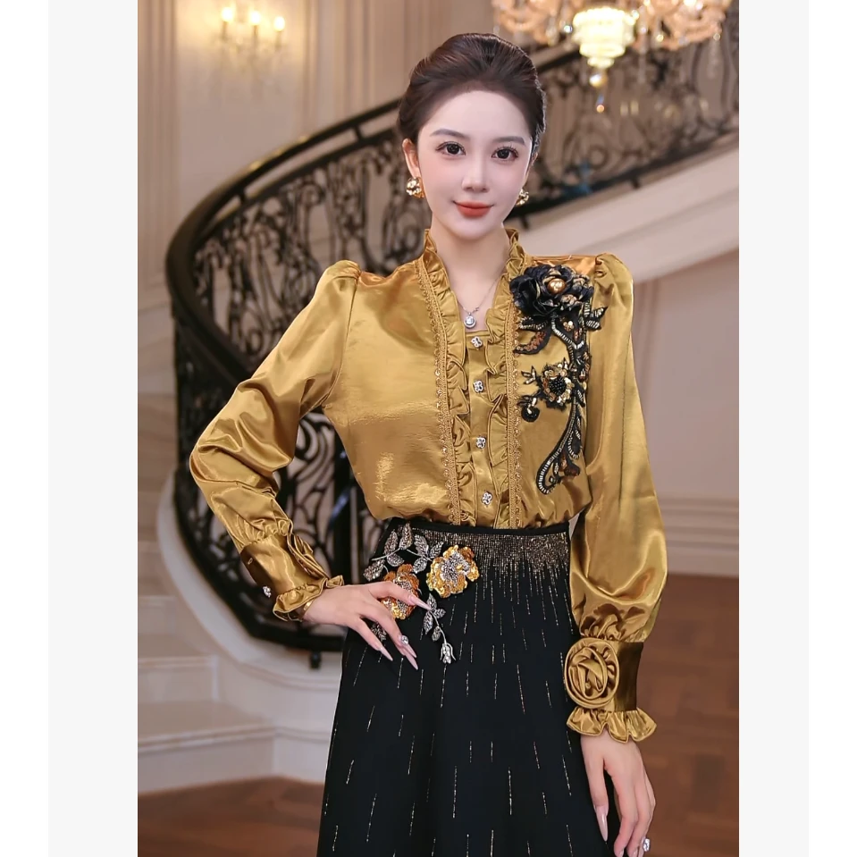 【芙娜妮】加绒2025秋冬百搭缎面上衣轻奢洋气打底保暖女F2531226A