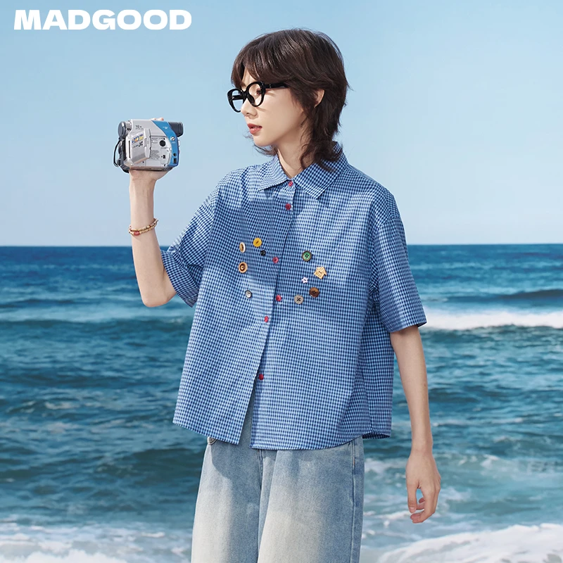 madgood马得工地日系复古夏季细格胸口装饰短T恤衬衫MDGDCS252421