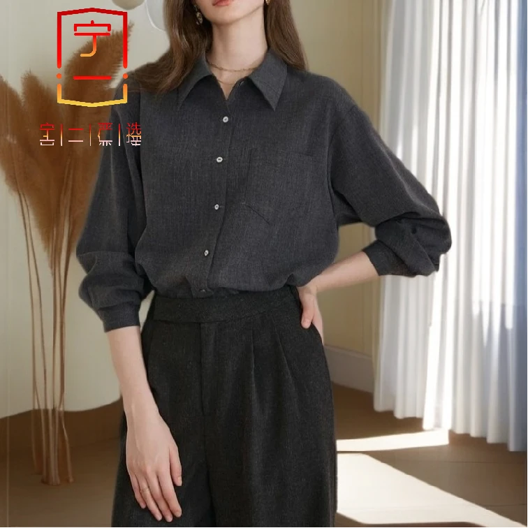 【宁一女装】时尚洋气显瘦春秋复古新款平纹磨毛衬衣外套女宽松长袖