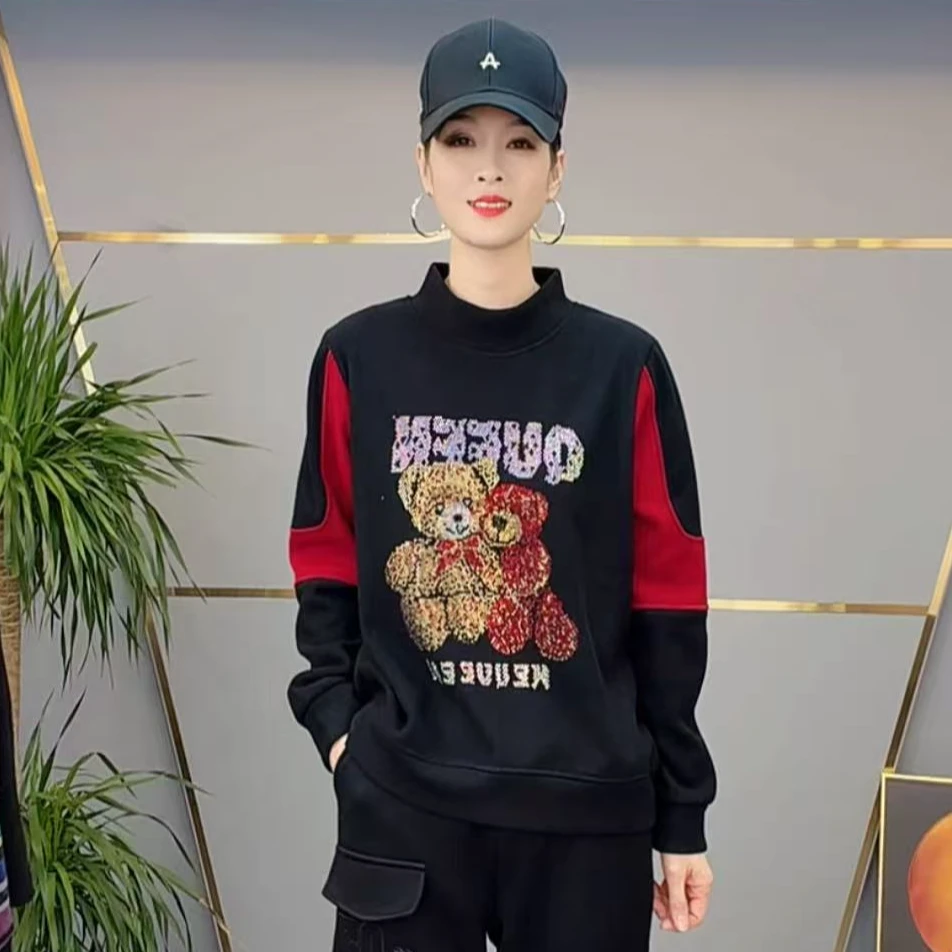 shishu/拾束冬季新款时尚个性烫钻小熊显瘦百搭加绒卫衣女CY6660