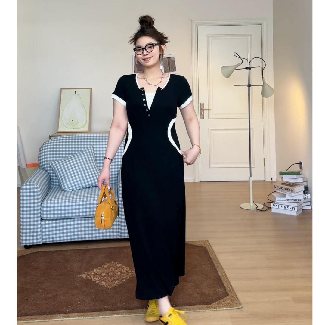 晶咕【括号修容裙】时尚收腰修身设计感短袖假两件长短款连