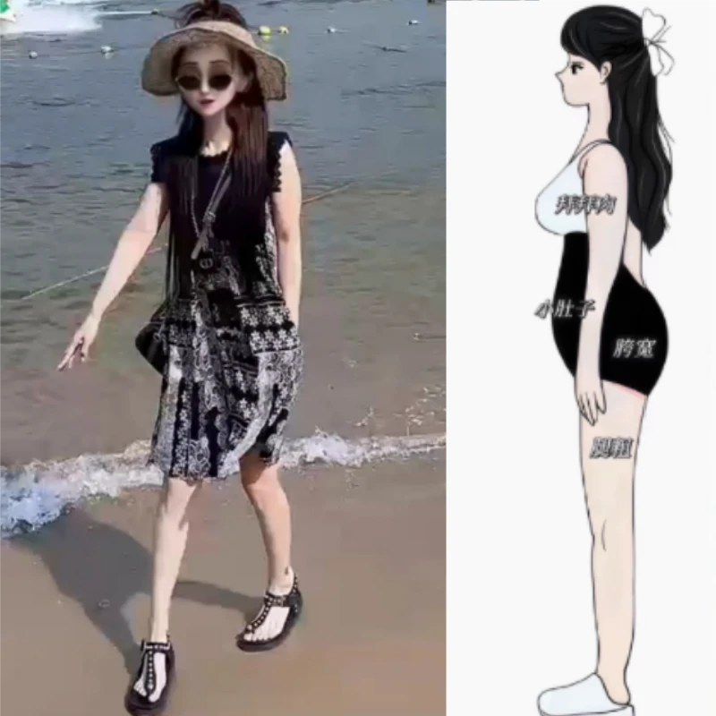 女装早秋薄款新款蕾丝拼接无袖圆领花边袖时尚印花洋气减龄连衣裙