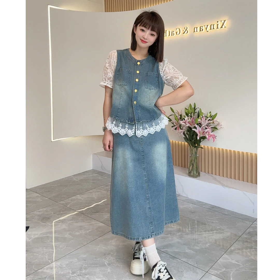 【鑫焱甄选】2025新款两件套牛仔拼接蕾丝短袖上衣高腰短款套装