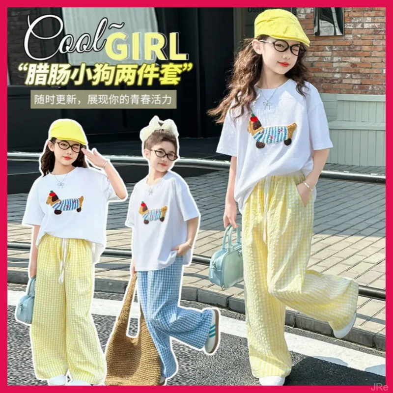 女童夏季短袖套装2025新款洋气女中大童夏装T恤儿童格子阔腿裤子